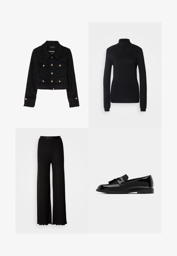 Anna Field Jachetă de vară - black; Pulover negru cu guler înalt, fabricat dintr-un material tricotat moale, având mâneci lungi și o siluetă ajustată, cu un guler și un tiv ribat.; Pantaloni negri cu croială largă, cu un brâu neted, având o textură delicată cu dungi verticale și tivuri ondulate pentru un plus de textură și detaliu.; Mocasiini din piele lacuita neagra, cu tocul plat, avand un accent cu ciucure si o suprafata neteda, proiectati cu un vârf rotunjit si o cusatura subtila.
