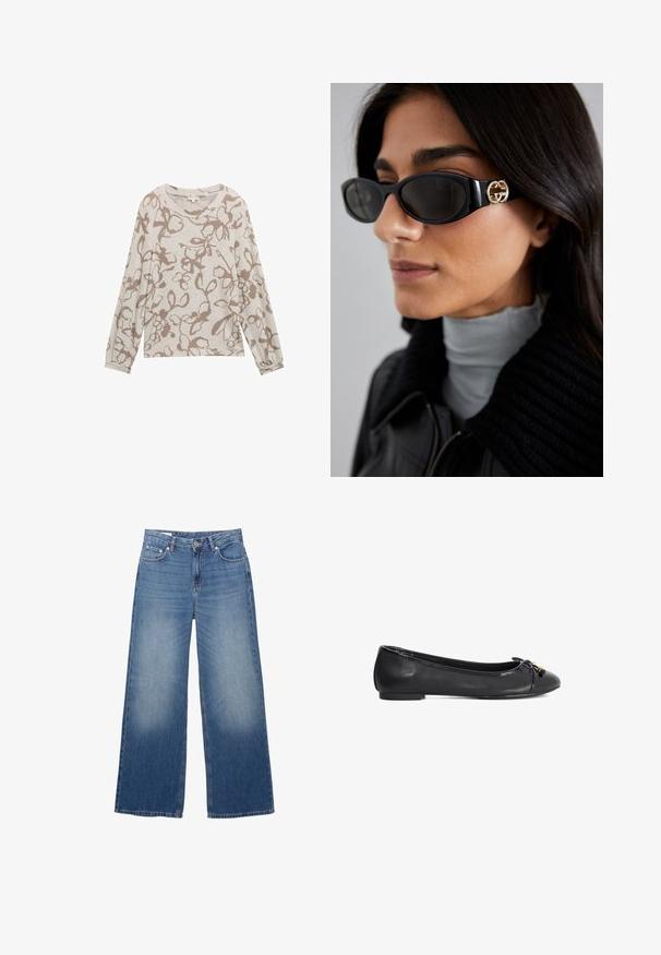 Anna Field Leichte Jacke - black; TOM TAILOR GEMUSTERTES LANGARM - Strickpullover - cosy taupe floral design; Weite, hellblaue Denim-Jeans mit verwaschenem Aussehen, fünf Taschen und einem Knopfverschluss an der Taille. Baumwollmaterial, gerade geschnitten.; Schwarze Leder-Ballettschuhe mit abgerundetem Zehenbereich, Schleifendetail und glänzendem Lackfinish. Verfügt über eine niedrige, flache Sohle für Komfort.; Schwarze Sonnenbrille mit einem schlanken rechteckigen Rahmen und einem goldenen Logo-Akzent an der Seite. Dunkle Gläser und glänzende Oberfläche sind auffällig.; Rabanne Handtasche - black/silver; Goldfarbener Ring mit einem Perlenmuster, das gleichmäßig verteilte, runde Perlen mit einer glänzenden, reflektierenden Oberfläche zeigt.