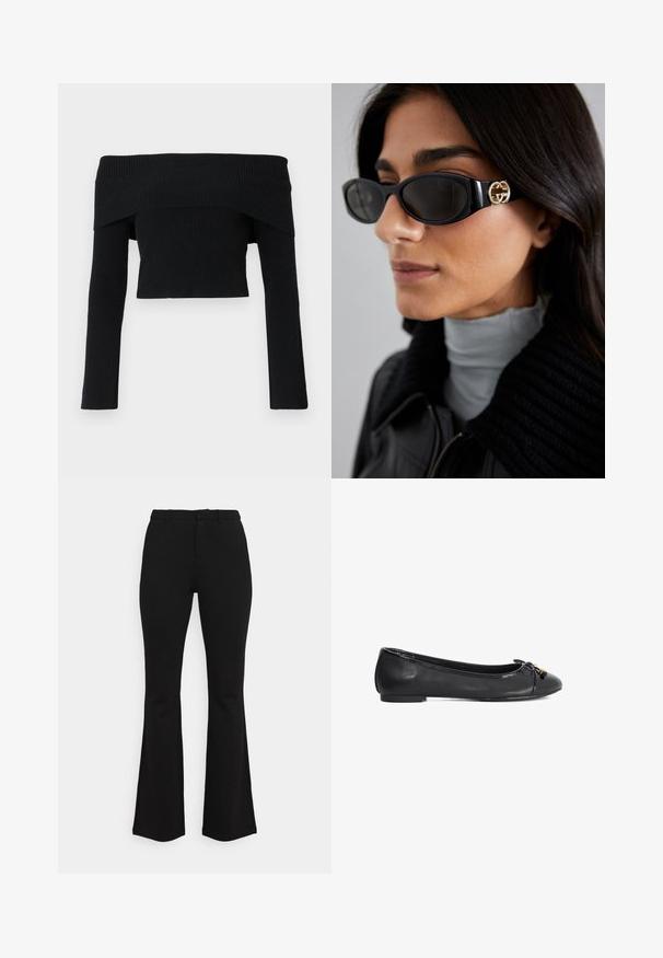 Anna Field Leichte Jacke - black; Schwarzer, schulterfreier, gerippter Pullover mit langen Ärmeln; kurzes Design und strukturiertes Gewebe. Keine Verzierungen oder Muster.; Schwarze, weit geschnittene Hosen aus dehnbarem Material. Mit figurbetontem Taillenbund, flacher Vorderseite und subtilen Nahtdetails. Insgesamt glatte Textur.; Schwarze Leder-Ballettschuhe mit abgerundetem Zehenbereich, Schleifendetail und glänzendem Lackfinish. Verfügt über eine niedrige, flache Sohle für Komfort.; Schwarze Sonnenbrille mit einem schlanken rechteckigen Rahmen und einem goldenen Logo-Akzent an der Seite. Dunkle Gläser und glänzende Oberfläche sind auffällig.; Rabanne Handtasche - black/silver; Goldfarbener Ring mit einem Perlenmuster, das gleichmäßig verteilte, runde Perlen mit einer glänzenden, reflektierenden Oberfläche zeigt.