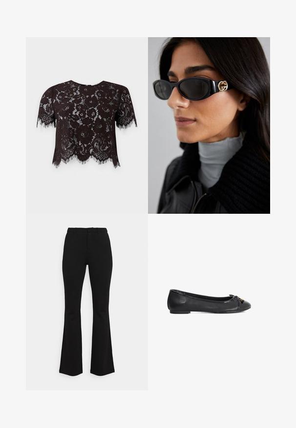 Anna Field Veste légère - black; Crop top en dentelle noire avec des manches courtes, présentant des motifs floraux et des bords frangés. Le design a un ourlet festonné pour plus de détail.; Pantalons évasés noirs en tissu extensible. Présentent une taille ajustée, un design à l'avant plat et de subtils détails de couture. Texture lisse dans l'ensemble.; Ballerines en cuir noir avec un bout arrondi, détail de nœud et finition brillante en vernis. Elles possèdent une semelle plate et basse pour un confort optimal.; Lunettes de soleil noires avec une monture rectangulaire élégante et un accent logo doré sur le côté. Les verres sombres et la finition brillante sont proéminents.; Rabanne Sac à main - black/silver; Bague dorée avec un design en perles, comportant des perles rondes uniformément espacées avec une surface brillante et réfléchissante.