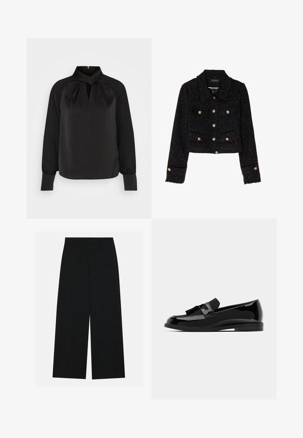 Anna Field Giacca leggera - black; Blusa nera in satin con colletto alto, dettagli plissettati sul collo e maniche lunghe con polsini aderenti. Texture liscia, design minimalista.; Pantaloni neri a gamba larga realizzati in un tessuto liscio. Presentano una vita piatta con passanti per la cintura e senza tasche visibili. Design semplice.; Mocassini in vernice nera con tacco piatto, caratterizzati da una nappa decorativa e una superficie liscia, progettati con punta rotonda e cuciture sottili.