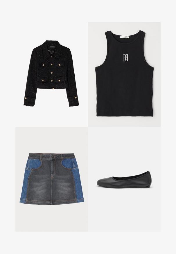 Anna Field Καλοκαιρινό μπουφάν - black; Μαύρο ριμπ αμάνικο μπλουζάκι με στρογγυλή λαιμόκοψη και刺刺κρόσια λογότυπο σε λευκό. Ο ύφασμα έχει λεία υφή με εφαρμοστή γραμμή.; Τζιν φούστα με σκούρο γκρίζο μπροστινό μέρος και ανοιχτό μπλε πλαϊνές πάνελ, κανονική μέση, δύο μπροστινές τσέπες και αντίθετο ράψιμο.; Μαύρο δερμάτινο μπαλαρίνι με στρογγυλή μύτη, λεία υφή, ελάχιστες λεπτομέρειες ραφής και σχεδίαση ευέλικτης σόλας.