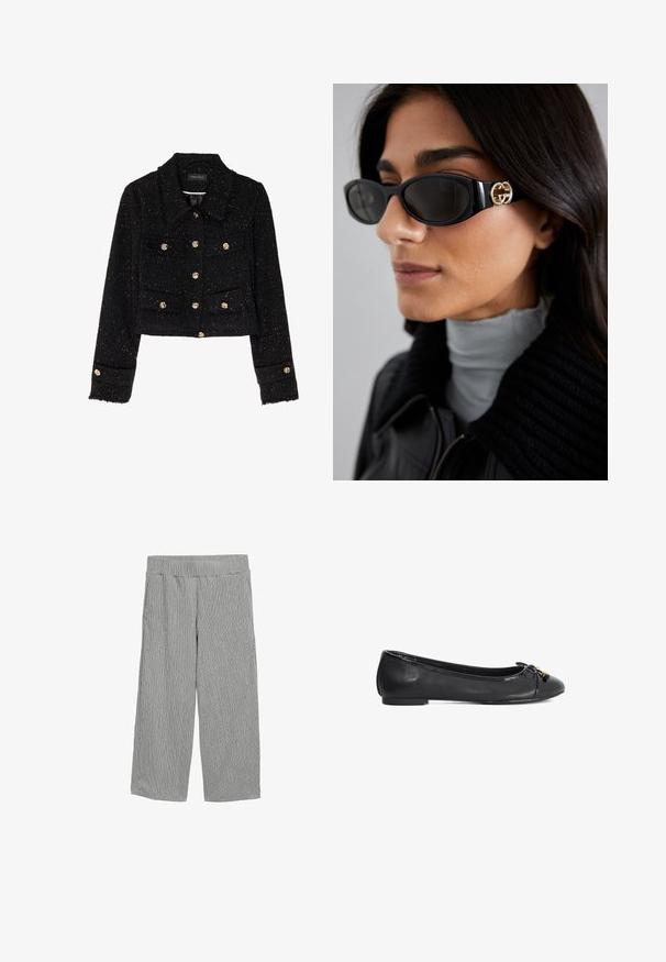 Anna Field Veste légère - black; Haut sans manches noir en tissu côtelé, avec un col rond et une coupe ajustée, une texture lisse et un ourlet net.; Pantalons légers gris avec un motif à rayures verticales, coupe large, taille élastique et sans poches visibles.; Ballerines en cuir noir avec un bout arrondi, détail de nœud et finition brillante en vernis. Elles possèdent une semelle plate et basse pour un confort optimal.; Lunettes de soleil noires avec une monture rectangulaire élégante et un accent logo doré sur le côté. Les verres sombres et la finition brillante sont proéminents.; Rabanne Sac à main - black/silver; Bague dorée avec un design en perles, comportant des perles rondes uniformément espacées avec une surface brillante et réfléchissante.
