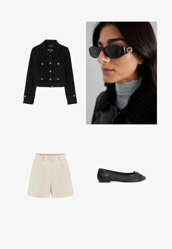 Anna Field Lichte jas - black; Zwarte mouwloze top van ribstof, met een ronde halslijn en een getailleerde pasvorm, voorzien van een gladde textuur en een nette zoom.; Beige op maat gemaakte shorts met plooien, een sluiting met knoop aan de voorkant en zijzakken. Gemaakt van een gladde stof met een nette afwerking en subtiele merkinformatie.; Zwarte leren balletschoenen met een ronde neus, strikdetail en glanzende lakafwerking. Heeft een lage, platte zool voor comfort.; Zwarte zonnebril met een stijlvolle rechthoekige montuur en een gouden logo-accent aan de zijkant. Donkere lenzen en een glanzende afwerking zijn opvallend.; Rabanne Handtas - black/silver; Gouden ring met een parelontwerp, met gelijkmatig verdeelde, ronde kralen met een glanzend, reflecterend oppervlak.