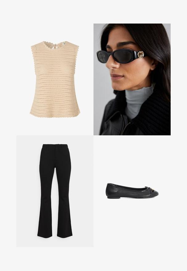 Anna Field Summer jacket - black; Beige knit top with a textured, open weave. Features a scalloped neckline, ties at the back, and cap sleeves.; Black flared trousers made of stretchy fabric. Features a fitted waist, flat front design, and subtle seam detailing. Smooth texture overall.; Black leather ballet flat with a rounded toe, bow detail, and glossy patent finish. Features a low, flat sole for comfort.; Black sunglasses featuring a sleek rectangular frame with a gold logo accent on the side. Dark lenses and glossy finish are prominent.; Rabanne Handbag - black/silver; Gold beaded ring featuring a circular design with evenly spaced glossy round beads, creating a smooth, textured appearance.