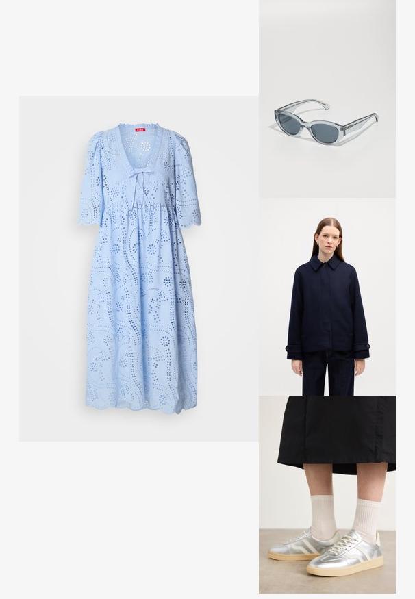 Marineblaue Wolljacke mit hochabschließendem Kragen, seitlichen Taschen und verstellbaren Manschetten. Hat ein schlichtes Design und eine strukturierte Oberfläche.; Helles blaues Kleid mit lockerer Passform, kurzen Puffärmeln, V-Ausschnitt, Lochmuster und gewelltem Saum, aus strukturiertem Baumwollstoff.; Silberne synthetische Turnschuhe mit weißen Streifen, cremefarbener Sohle und strukturiertem Material; kombiniert mit hellen gerippten Socken und einem schwarzen Rock.; Klare, leichte Sonnenbrillen mit ovalen Gläsern, grauen getönten Gläsern und schlanken Bügeln mit einem metallischen Detail an den Schläfen.