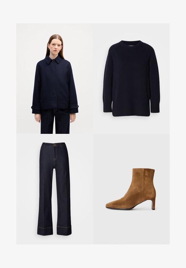 Jachetă din lână bleumarin cu guler cu nasturi, buzunare laterale și mansete ajustabile. Oferă un design simplu și un material texturat.; Pulover cu guler rotund, mânecă lungă, de culoare albastru închis, cu o textură moale, tricotată, și cu manșete și tiv cu nervuri, pe un fundal gri deschis.; Pantaloni din denim închis, cu picioare largi, cu o talie înaltă, având o închidere frontală cu nasture și cusături portocalii. Textură netedă pe toată suprafața.; Botină din suede maro, cu vârf ascuțit și toc subțire de înălțime medie, văzută din lateral pe un fundal alb simplu.