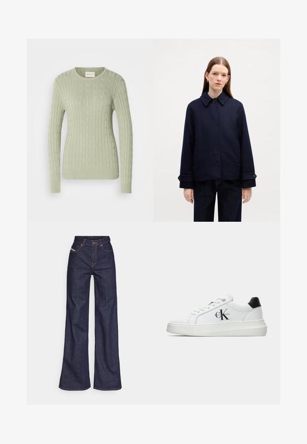Marineblaue Wolljacke mit hochabschließendem Kragen, seitlichen Taschen und verstellbaren Manschetten. Hat ein schlichtes Design und eine strukturierte Oberfläche.; Hellgrüner Strickpullover mit Rundhals, langen Ärmeln und gerippten Bündchen. Verfügt über ein kleines Logo auf der Brust.; Dunkelblaue weite Jeans aus Denimstoff mit hoher Taille, ausgestattet mit orangefarbenen Nähten, fünf Taschen und einem Knopfverschluss.; Weiße Low-Top-Sneaker mit schwarzem Fersenpatch, Plateau-Sohle, Schnürsenkeln und Calvin Klein "CK"-Logo an der Seite.