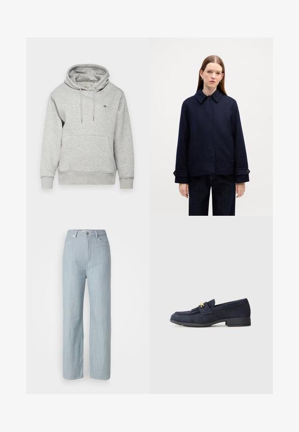 Jachetă din lână bleumarin cu guler cu nasturi, buzunare laterale și mansete ajustabile. Oferă un design simplu și un material texturat.; GANT SHIELD HOODIE - Bluză de molton - light grey melange; Jeans drepti de culoare bleu deschis, din denim. Prezintă cinci buzunare, un închizător metalic și o ușoară decolorare pentru textură.; Loaferi din suede bleumarin cu un toc negru jos, având un detaliu decorativ din hardware aurit în față și un design cu vârf rotunjit.