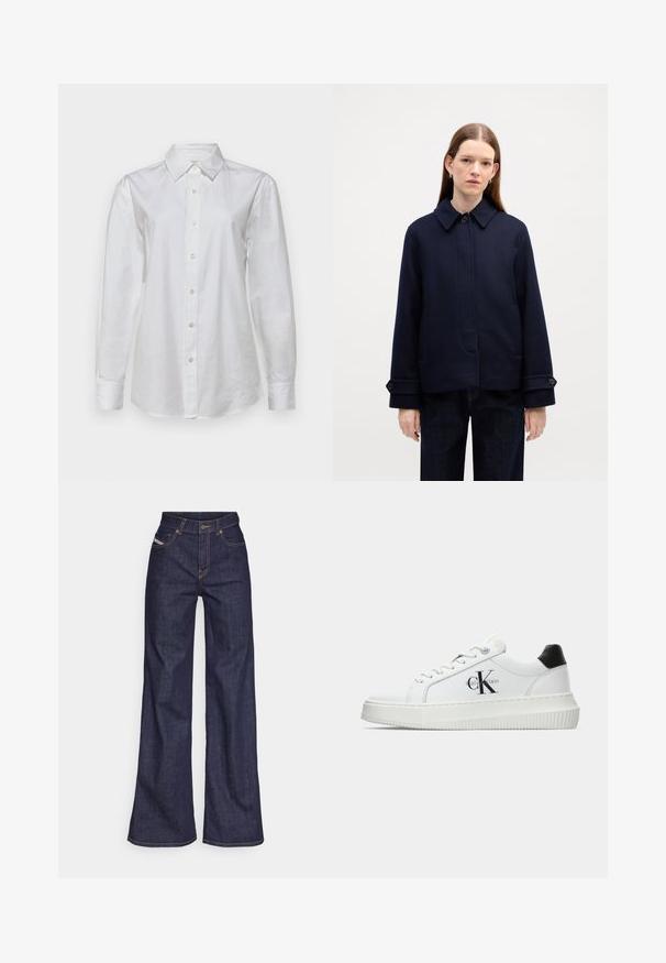 Navy modrá vlněná bunda s límcem na knoflíky, bočními kapsami a nastavitelnými manžetami. Má čistý design a texturovanou tkaninu.; Bílá košile s dlouhým rukávem vyrobená z bavlny. Má špičatý límec a zapínání na knoflíky s odpovídajícími knoflíky vpředu. Hladká textura.; Tmavě modré džíny s širokým střihem vyrobené z denimové tkaniny, s vysokým pasem, oranžovým prošíváním, pěti kapsami a zapínáním na knoflík.; Bílé nízké tenisky s černým patním tabem, platformovou podrážkou, tkaničkami a logem Calvin Klein "CK" na boku.