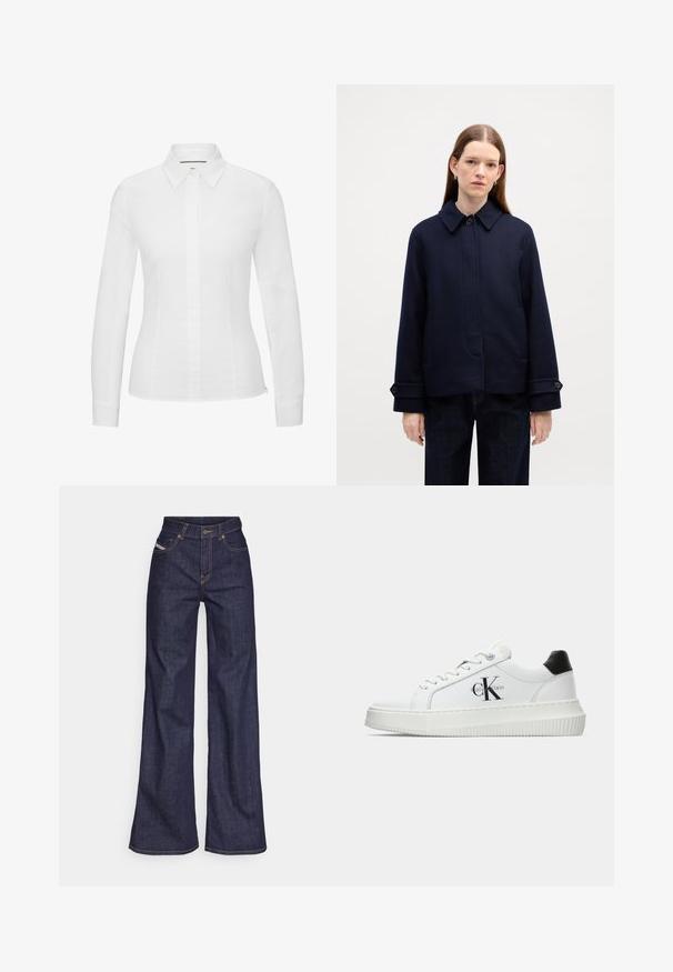 Tumes sinine villane jakk nööpidega kaelusega, külgtaskute ja reguleeritavate mansettidega. Omab puhtaid jooni ja tekstuurset kangast.; Valge pika varrukaga särg, mis on valmistatud siledast puuvillast, klassikalise terava krae, ees oleva nööbiga kinnituse ja külgedelt lõhikute ning kohandatud lõikega.; Tumedates sinised laiad teksad denimpesus, kõrge vöökohaga, mis on varustatud oranžide õmblustega, viie-taskulise disaini ja nööbiga kinnitusega.; Valge madalate sokkidega jooksutoss, millel on must konts, platvormi tallad, paelad ja Calvin Kleini "CK" logo küljel.
