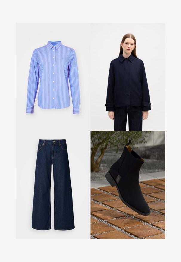 Zila vilnas jaka ar pogu aizdari, sānu kabatām un regulējamiem piedurkņu galiem. Iekļauj tīru dizainu un struktūru audumu.; GANT STRIPED - Pogājama blūze - hellblau/weiß; Plati kāju tumši zili džinsu bikses ar augstu jostasvietu, priekšējām kabatām un pogu aizdari. Iezīmē kontrasta šuvju apdari un gludu tekstūru.; Melnas ādas potītes zābaki ar gludu apdari, dzeltenu iekšējo odere un rokturīti; kā fons ir teksturēta koka un grants virsma.