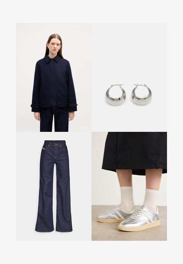 Navy wool jacket with a buttoned collar, side pockets, and adjustable cuffs. Features a clean design and textured fabric.; White cotton T-shirt featuring a printed illustration of two women in urban fashion styles with a dog on a crosswalk and city buildings.; Dark blue wide-leg jeans in denim fabric with a high waist, featuring orange stitching, five-pocket design, and a button closure.; Silver synthetic sneakers with white stripes, cream sole, and textured surface; paired with light ribbed socks and a black skirt.; Silver metal hoop earrings with a smooth, shiny surface and a structured, rounded design. Features a hinged clasp for secure wear.