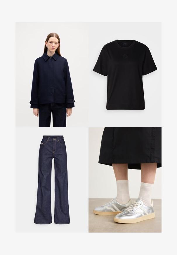 Chaqueta de lana azul marino con collar abotonado, bolsillos laterales y puños ajustables. Presenta un diseño limpio y una textura de tela.; Camiseta de algodón negra con cuello redondo, mangas cortas y un logo bordado en el pecho. Ajuste simple y relajado sin patrones.; Vaqueros de pierna ancha de color azul oscuro, fabricados en denim, con cintura alta, costuras naranjas, diseño de cinco bolsillos y cierre de botón.; Zapatillas sintéticas plateadas con rayas blancas, suela color crema y superficie texturizada; combinadas con calcetines ligeros de canalé y una falda negra.