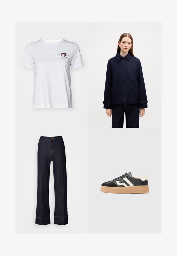 Veste en laine marine avec un col boutonné, des poches latérales et des poignets ajustables. Présente un design épuré et un tissu texturé.; T-shirt en coton blanc à manches courtes, col rond, avec un logo brodé rouge et bleu sur le côté gauche. Texture lisse, coupe décontractée.; Pantalons large en denim foncé à taille haute, avec une fermeture à bouton sur le devant et des accents de couture orange. Texture lisse sur l'ensemble.; Baskets en cuir noir avec des rayures blanches et une semelle en caoutchouc naturel. Présentent un bout arrondi et un système de laçage avec un dessus texturé. Marquage visible.