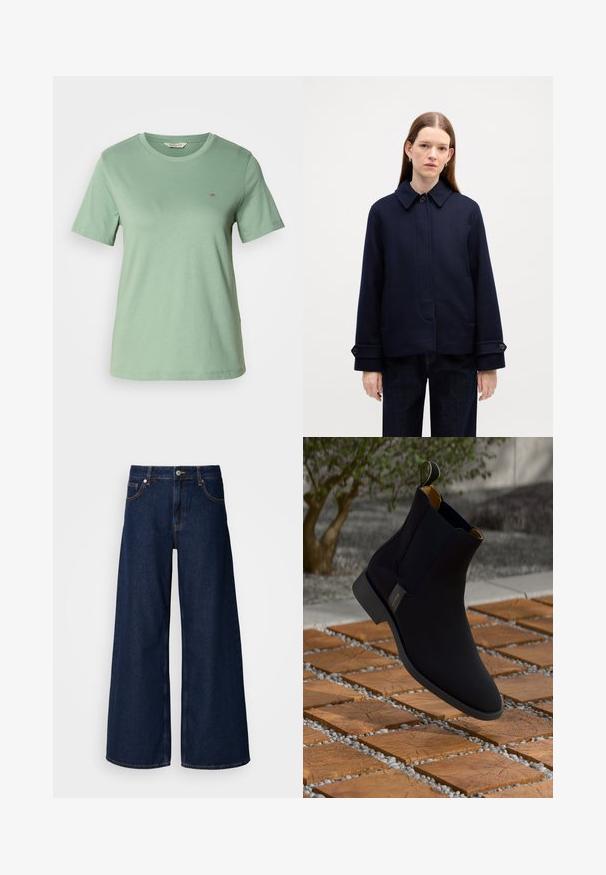 Navy modrá vlněná bunda s límcem na knoflíky, bočními kapsami a nastavitelnými manžetami. Má čistý design a texturovanou tkaninu.; Světle zelené tričko s krátkým rukávem vyrobené z jemné bavlny. Klasický kulatý výstřih a malé vyšívané logo na levé straně hrudi. Hladká textura.; Široké tmavě modré džíny s vysokým pasem, předními kapsami a knoflíkovým zapínáním. Vlastnosti zahrnují kontrastní švy a hladkou texturu.; Černé kožené chelsea boty s jemnou texturou, žlutou vnitřní podšívkou a černou podrážkou, se smyčkovou poutkou pro snadné obouvání.