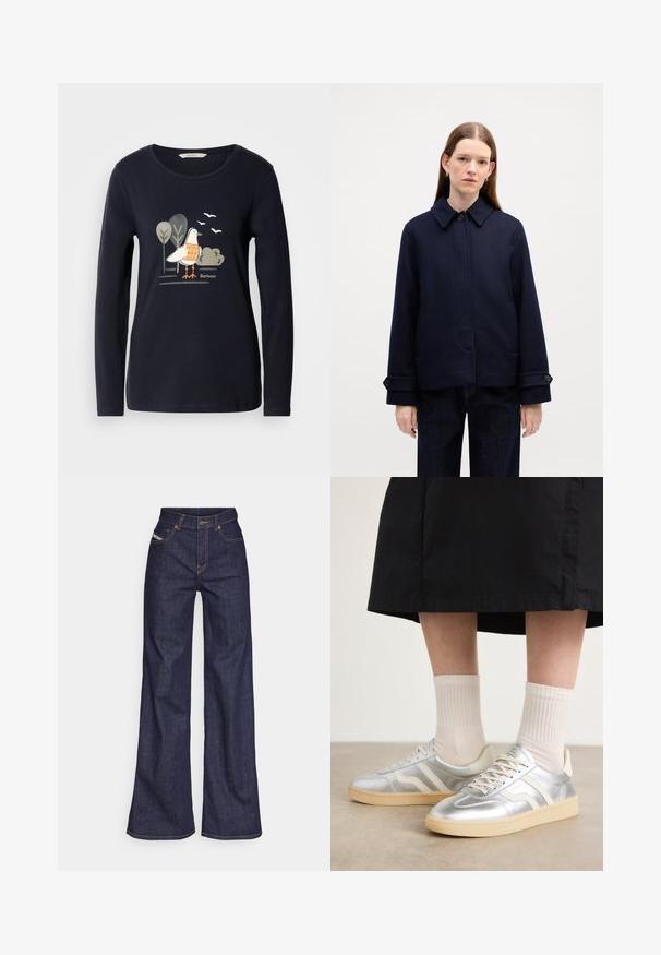 Marineblaue Wolljacke mit hochabschließendem Kragen, seitlichen Taschen und verstellbaren Manschetten. Hat ein schlichtes Design und eine strukturierte Oberfläche.; Blaues Langarmshirt mit einem Grafiken von einem Vogel in Orange-Tönen, umgeben von stilisierten Bäumen und Vögeln in einem minimalistischen Design.; Dunkelblaue weite Jeans aus Denimstoff mit hoher Taille, ausgestattet mit orangefarbenen Nähten, fünf Taschen und einem Knopfverschluss.; Silberne synthetische Turnschuhe mit weißen Streifen, cremefarbener Sohle und strukturiertem Material; kombiniert mit hellen gerippten Socken und einem schwarzen Rock.