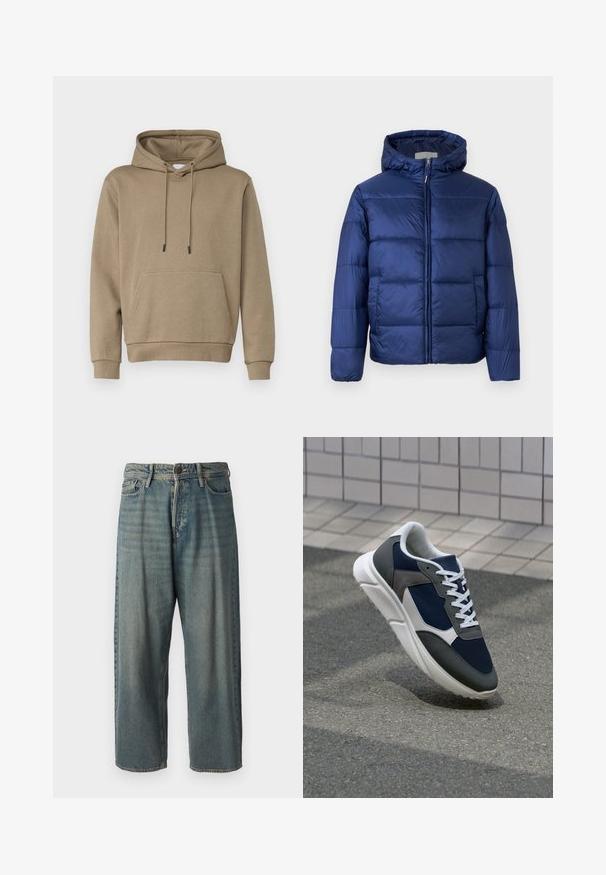 Sötétkék puffos dzseki kapucnival, steppelt részekkel, elülső cipzárral és elasztikus mandzsettákkal a melegség és kényelem érdekében.; Világosbarna kapucnis pulóver, puha anyagból készült. Elöl nagy zsebe van és bordás mandzsettákkal rendelkezik. Egyszerű dizájn, húzózsinórral.; Világoskék farmernadrág, laza fazonnal, közepes derékbőséggel és egyenes szárral. Öt zsebet, övbucskát és gombos záródást tartalmaz.; Cipő, amelynek sötétkék hálós felsőrésze, szürke velúr díszítései, fehér gumitalpa és lapos fehér fűzője van, a kényelem és a légáteresztő képesség érdekében tervezve.
