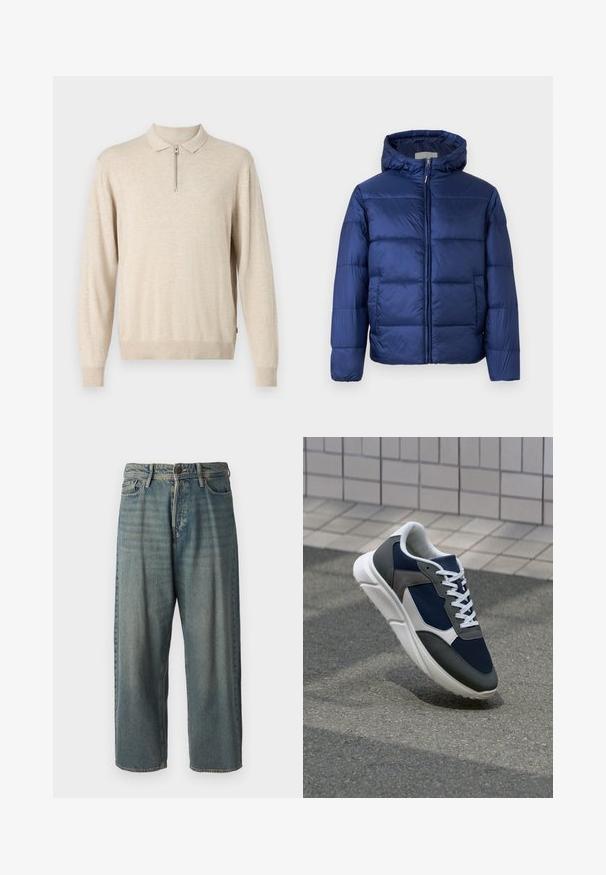 Tumši zila pūkainā jaka ar kapuci, ar quilted daļām, priekšējo rāvējslēdzēju un elastīgām piedurknēm siltumam un komfortam.; Bežs garo piedurkņu džemperis ar apkakles dekoltē un rāvējslēdzēju. Izgatavots no mīksta materiāla ar ribotu piedurkņu un apakšmalu.; Gaiši zili džinsi ar brīvu piegriezumu, vidējo jostas augstumu un taisnām kājām. Satur piecas kabatas, jostas cilpas un pogu aizdari.; Sporta apavi ar tumši zilas krāsas tīkla augšdaļu, pelēku zamšādas akcentiem, baltu gumijas zoli un plakaniem baltiem šņorēm, kas izstrādāti komfortam un elpojamībai.