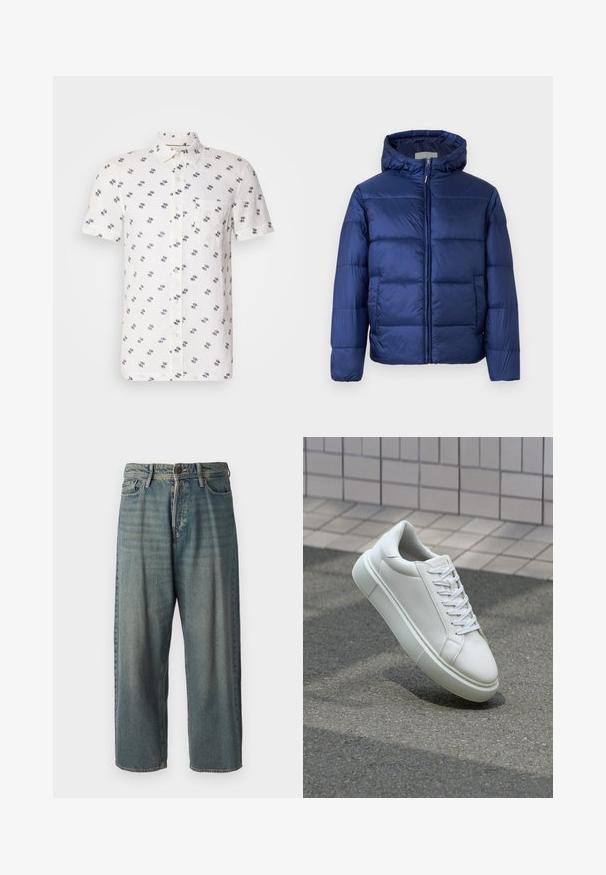 Giubbotto imbottito blu navy con cappuccio, caratterizzato da sezioni trapuntate, una zip frontale e polsini elasticizzati per calore e comfort.; Camicia bianca in lino a maniche corte con un sottile motivo navy, colletto button-down e una singola tasca sul petto. Tessuto testurizzato e traspirante.; Jeans di denim azzurro chiaro con vestibilità ampia, vita media e gambe dritte. Presenta cinque tasche, passanti per cintura e chiusura con bottone.; Sneaker bianco in pelle con superficie liscia, punta rotonda e lacci piatti bianchi. Presenta una suola in gomma texturizzata e un design minimale.