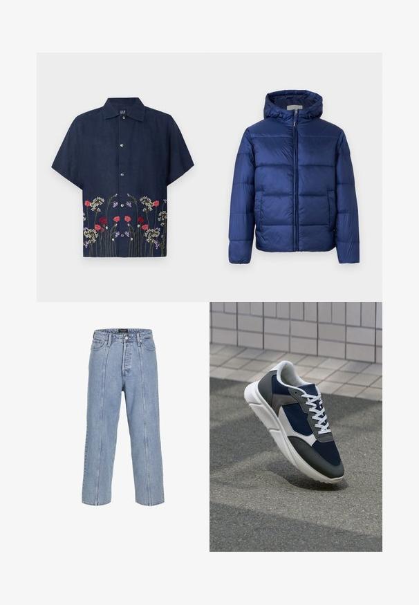 Tumši zila pūkainā jaka ar kapuci, ar quilted daļām, priekšējo rāvējslēdzēju un elastīgām piedurknēm siltumam un komfortam.; GAP Krekls - blue; Gai zilos džinsus ar brīvu piegriezumu, platām kājām un redzamām šuvēm. Iespējams, pogu un rāvējslēdzēja aizdare, pieci kabatas.; Sporta apavi ar tumši zilas krāsas tīkla augšdaļu, pelēku zamšādas akcentiem, baltu gumijas zoli un plakaniem baltiem šņorēm, kas izstrādāti komfortam un elpojamībai.