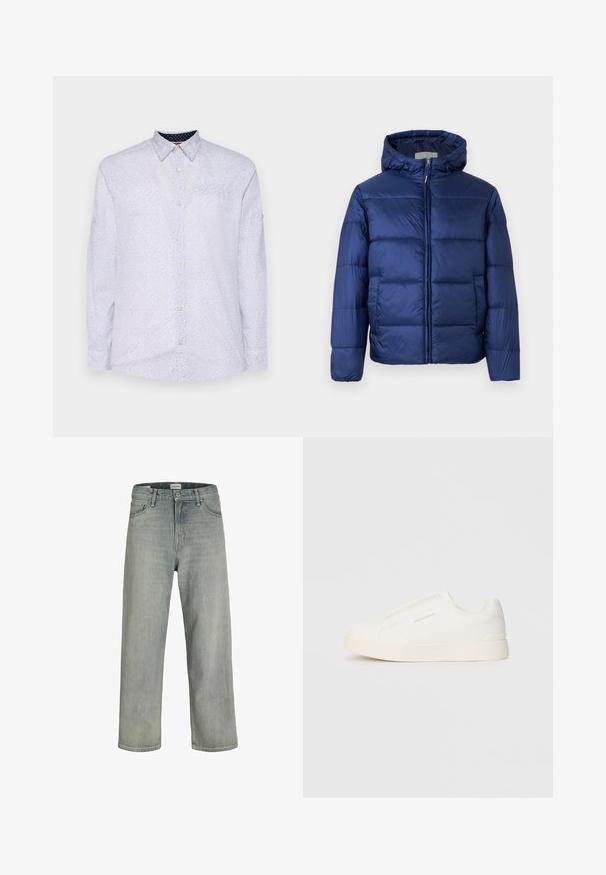 Tummansininen puhvijakku hupulla, jossa on tikatut osiot, etuvetoketju ja elastiset hihansuut lämmön ja mukavuuden takaamiseksi.; Valkoinen pitkähihaista paitaa, jossa on pieniä tummansinisiä pilkkuja, napillinen kaulus ja rintatasku. Sisältää napitetut hihansuut ja sileän pinnan.; Vaaleanharmaat, löysät farkut, jotka on valmistettu denimistä. Ominaisuuksiin kuuluu klassinen viiden taskun muotoilu, vyölenkit ja suora lahjetyyli.; Valkoiset liukusukat, joissa on teksturoitu pinta, paksu pohja ja minimalistikot. Sivulla on brändin logo.