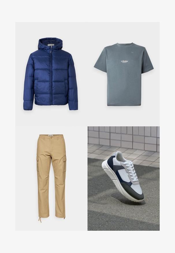 Námornícky modrá prešívaná bunda s kapucňou, ktorú zdobia prešívané časti, predný zips a elastické manžety pre teplo a pohodlie.; Šedé bavlnené tričko s okrúhlym výstrihom, krátkymi rukávmi a malým bielym logom "JJ Studios" na hrudníku. Hladká textúra a voľný strih.; Khaki cargo nohavice so strečovým strihom, vyrobené z bavlny. Medzi funkcie patrí bočné vrecká, zapínanie na gombík a nastaviteľné šnúrky na členkoch.; Biele, námornícke a šedé tenisky s kombinovaným materiálom, so štruktúrovaným zvrškom, plochými šnúrkami a polstrovanou podošvou.