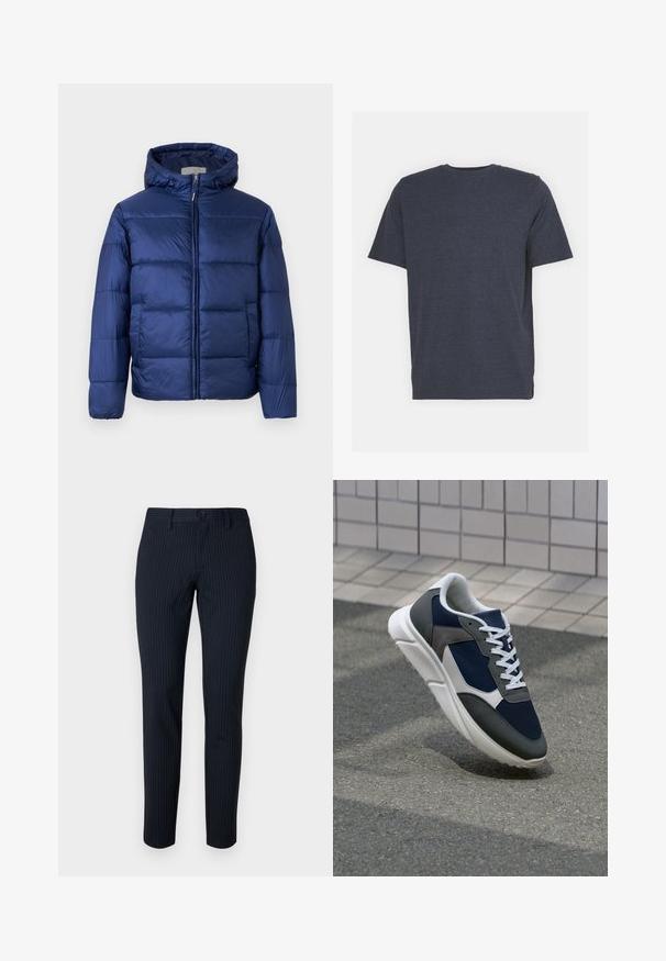 Marineblå puffjakke med hette, som har quiltede seksjoner, frontglidelås og elastiske mansjetter for varme og komfort.; Marineblå T-skjorte med rund hals laget av myk bomullsblanding, med korte ermer og vanlig passform. Ingen synlige mønstre eller accenter.; Marinebukser med tynne vertikale striper, laget av et glattt stoff. Har knappelukking og en skreddersydd passform med rette ben.; Sneakers med en navy blå mesh-overdel, grå sømværk, hvit gummisåle og flate hvite snører, designet for komfort og pusteevne.