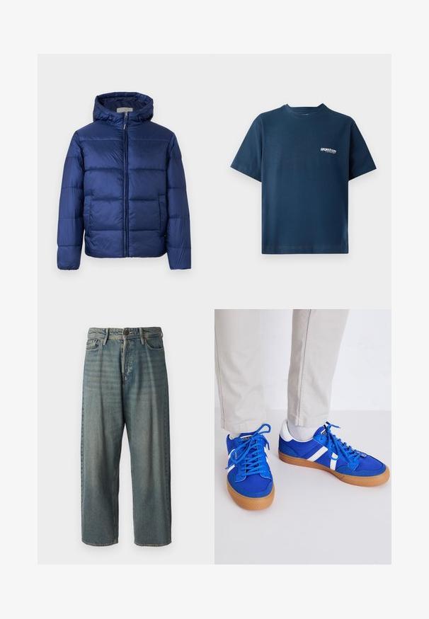 Sötétkék puffos dzseki kapucnival, steppelt részekkel, elülső cipzárral és elasztikus mandzsettákkal a melegség és kényelem érdekében.; Sötétkék pamut póló rövid ujjakkal és kerek nyakkivágással. Bal mellen egy kis fehér logó található. Puha tapintású.; Világoskék farmernadrág, laza fazonnal, közepes derékbőséggel és egyenes szárral. Öt zsebet, övbucskát és gombos záródást tartalmaz.; Jack & Jones JFWMORDEN - Sportcipő - imperial blue