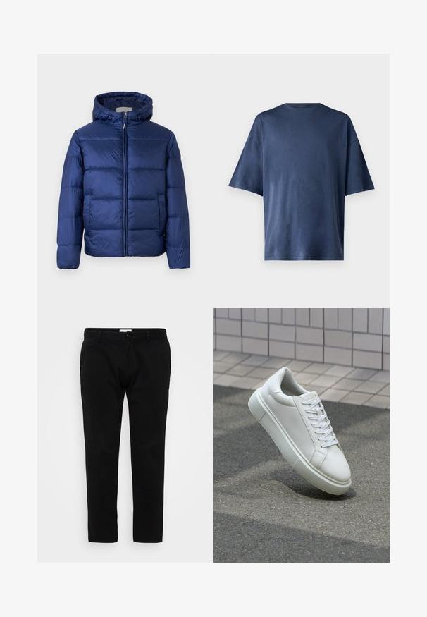 Tamsiai mėlynas pūkinis švarkas su kapišonu, turintis siuvinėtas dalis, priekinius zip užtrauktuką ir elastines rankoves šilumai ir komfortui.; Tamsiai mėlynas trumpomis rankovėmis marškinėliai, pagaminti iš minkštos medžiagos, pasižymi klasikinio apvalaus kaklo ir laisvo kirpimo, be matomų raštų ar akcentų.; Juodi siauri kaliošai, su lygiu priekiu, diržų kilpomis ir užtrauktuku su sagos uždarymu. Pagaminti iš lygaus, tvirto audinio.; Balti odiniai sportbačiai su lygiu paviršiumi, apvalia nosimi ir plokščiomis baltomis raištelėmis. Yra tekstūruotas gumos padas ir minimalizmas dizaino elementuose.