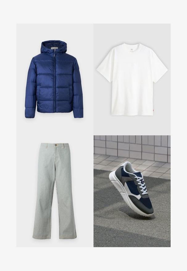 Sötétkék puffos dzseki kapucnival, steppelt részekkel, elülső cipzárral és elasztikus mandzsettákkal a melegség és kényelem érdekében.; Fehér, rövid ujjú pamut póló, kerek nyakkivágással. Az elülső részen finom, domború logós részlet található, valamint egy piros cimke az alsó szegélyen.; Kék és fehér csíkos, bő szárú nadrág, gombos záródással, derékpánttal, látható varrással és laza fitettel.; Cipő, amelynek sötétkék hálós felsőrésze, szürke velúr díszítései, fehér gumitalpa és lapos fehér fűzője van, a kényelem és a légáteresztő képesség érdekében tervezve.