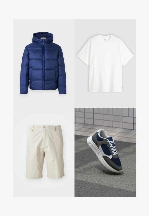 Marineblå puffjakke med hette, som har quiltede seksjoner, frontglidelås og elastiske mansjetter for varme og komfort.; Hvit t-skjorte med korte ermer laget av bomull, med rund hals. Har diskret preget logo detalj foran og en rød etikett på kanten.; Beige bomullsshorts med knappelukking foran, beltehemper og rett benform. Glatt tekstur, som slutter rett over kneet.; Sneakers med en navy blå mesh-overdel, grå sømværk, hvit gummisåle og flate hvite snører, designet for komfort og pusteevne.