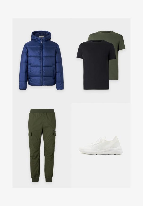 Tume sinine puhvis jope kapuutsiga, millel on tikkimisosa, eesnäpp ja elastsed mansetid sooja ja mugavuse tagamiseks.; Kaks ümarate kaelustega t-särki mustas ja oliivrohelises värvuses, valmistatud pehmest puuvillakangast. Kujundus on lihtne, lühikeste varrukatega ja sirge lõikega.; Oliivrohelised cargo püksid elastse vöökohaga, küljetaskudega ja pahkluude manustega; valmistatud vastupidavast kangast, millel on sile tekstuur.; Valged sportlikud kingad tekstuuriga võrguga ülemise osa, pehme tallaga ja õhukeste paeltega. Omavad stiilset, modernset disaini ümarate varvastega.