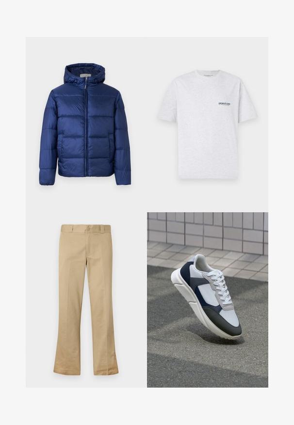 Casaco puffer azul-marinho com capuz, apresentando seções acolchoadas, um fecho dianteiro e punhos elásticos para calor e conforto.; T-shirt cinza de manga curta com um pequeno logótipo azul "project core" no lado esquerdo do peito, exibido em fundo simples.; Calças beje à boca de sino, feitas de um tecido misto de algodão, com fecho de botão, passantes para cinto e frente lisa com textura suave.; Sapatilhas brancas, azuis-marinho e cinzas com um design de materiais mistos, apresentando uma parte superior texturizada, atacadores planos e uma sola acolchoada.