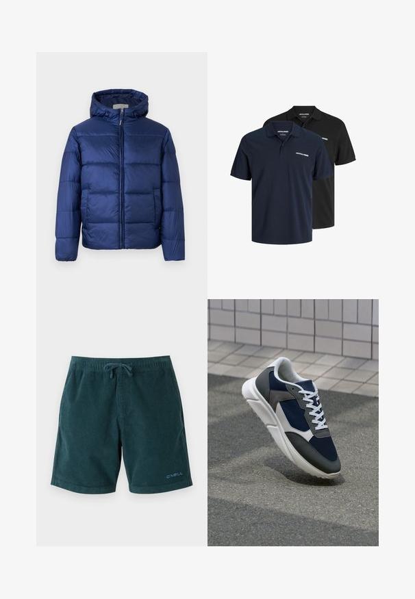 Mörkblå puffjacka med huva, med quiltade sektioner, en framdragkedja och elastiska mudd för värme och komfort.; Två polo skjortor: en marinblå med vit logga och en svart. Båda har klassisk krage och korta ärmar, tillverkade av lättviktig tyg.; Mörk teal corduroy badbyxor med elastisk midja och snörning. Har logotyp på nedersta delen av vänster ben. Slät yta, design som når knäna.; Sko med överdel i marinblå mesh, grå mockadetaljer, vit gummisula och platta vita snören, designad för komfort och andningsförmåga.
