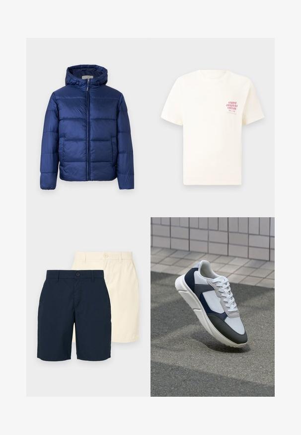 Doudoune bleu marine avec capuche, dotée de sections matelassées, d'une fermeture éclair à l'avant et de poignets élastiques pour chaleur et confort.; T-shirt blanc à manches courtes avec le texte rouge "Édition Originals du Studio" sur la poitrine gauche, présenté sur un fond gris neutre.; Deux paires de shorts : une bleu marine et une beige clair. Les deux ont une coupe droite, une fermeture à bouton et un tissu lisse et léger.; Baskets blanches, bleu marine et grises avec un design en matériaux mélangés, présentant une tige texturée, des lacets plats et une semelle rembourrée.