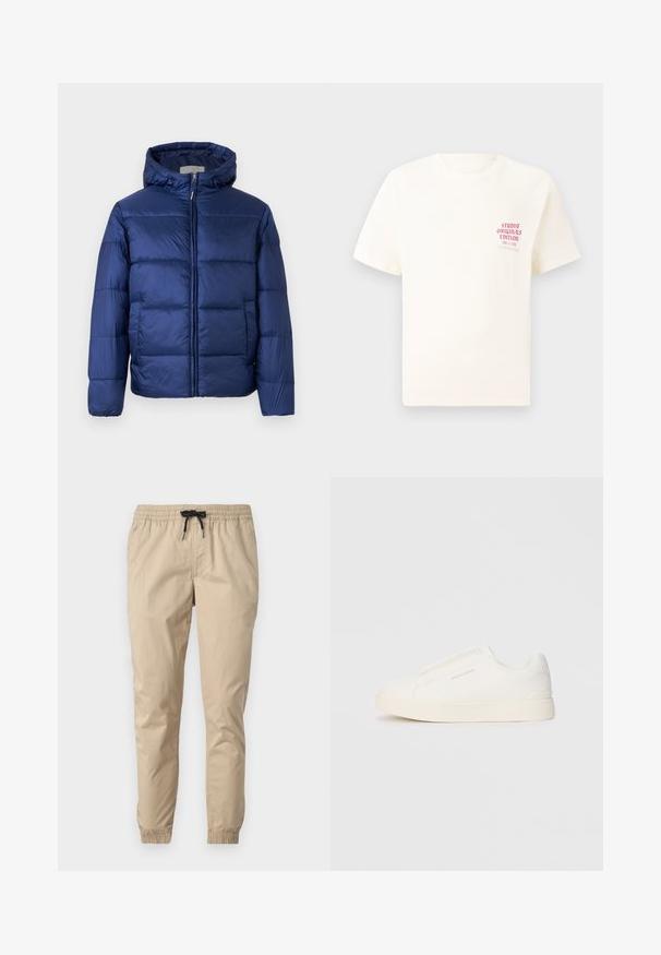 Ναυτικό μπλε φουσκωτό μπουφάν με κουκούλα, που διαθέτει γεμιστές περιοχές, μπροστινό φερμουάρ και ελαστικούς καρπούς για ζεστασιά και άνεση.; Άσπρη κοντομάνικη μπλούζα με κόκκινο κείμενο "Studio Originals Edition" στο αριστερό στήθος, παρουσιασμένη σε ουδέτερο γκρι φόντο.; Μπεζ ελαφριά παντελόνια με ελαστική μέση και κορδόνι, με στενά πόδια και ελαστικές μανσέτες. Λείος, υφή υφάσματος.; Λευκά slip-on παπούτσια με υφή, παχύ πάτο και μινιμαλιστικό σχέδιο. Φέρει το λογότυπο της μάρκας στο πλάι.