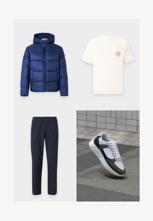 Sötétkék puffos dzseki kapucnival, steppelt részekkel, elülső cipzárral és elasztikus mandzsettákkal a melegség és kényelem érdekében.; Fehér, rövid ujjú póló, bal mellen piros szöveggel "Studio Originals Edition", semleges szürke háttér előtt.; Sötétkék nadrág, rugalmas derékkal, egyenes lábakkal, könnyű anyagból, látható zsebek vagy díszítések nélkül.; Fehér, tengerészkék és szürke sneaker vegyes anyagokból készült dizájnnal, amely textúrázott felsőrésszel, lapos fűzőkkel és párnázott talppal rendelkezik.