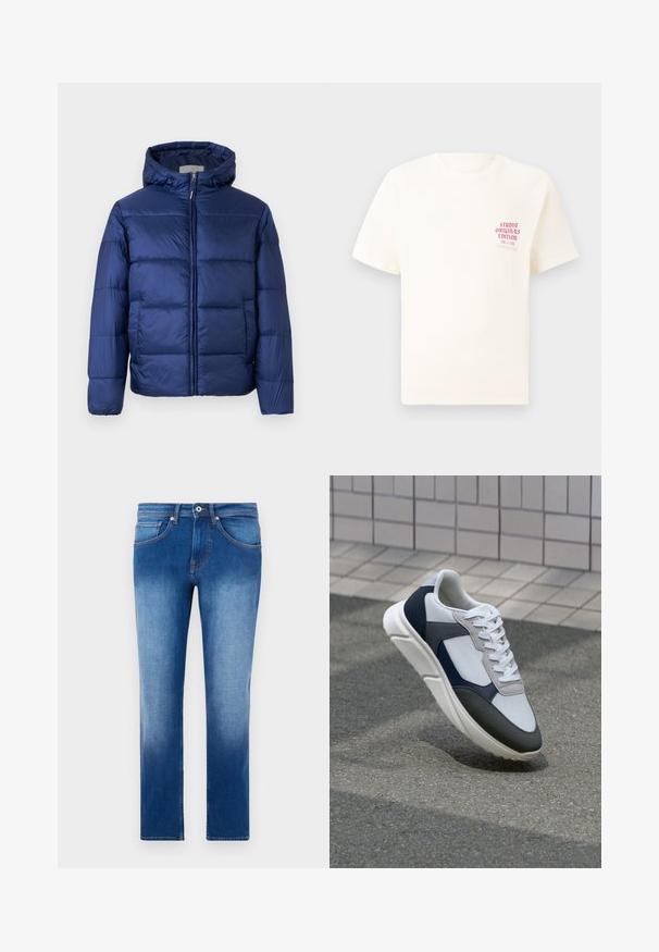 Mornarsko modra napihnjena jakna s kapuco, ki ima prešit dele, sprednji zip in elastične manšete za toploto in udobje.; Bela majica s kratkimi rokavi z rdečim napisom "Studio Originals Edition" na levi strani prsnega koša, prikazana na nevtralnem sivo backgroundu.; Svjetloplave traperice s postupnim izbljeđivanjem, ravne nogavice, pet džepova i kontrastnim narančastim šavovima. Klasična tekstura denima.; Bela, mornarsko modra in siva športna obutev z mešano materialno zasnovo, ki vključuje teksturirano zgornji del, ravne vezalke in oblazinjen podplat.