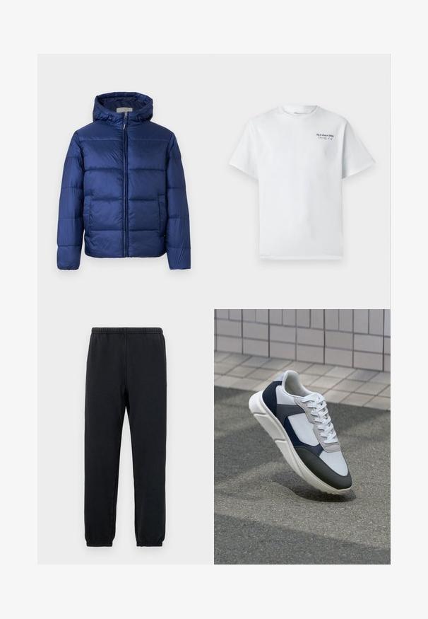 Marineblauwe gewatteerde jas met capuchon, voorzien van quilted secties, een rits aan de voorkant en elastische manchetten voor warmte en comfort.; Witte katoenen t-shirt met korte mouwen, ronde halslijn, met een klein zwart tekstlogo "J&J since 1990 Society Club" op de borst.; Zwarte sweats met een elastische tailleband en taps toelopende enkels; gemaakt van zachte, rekbare stof, met een minimalistisch ontwerp zonder patronen.; Witte, marineblauwe en grijze sneaker met een gemengde materiaald ontwerp, met een gestructureerde bovenkant, platte veters en een gevoerde zool.