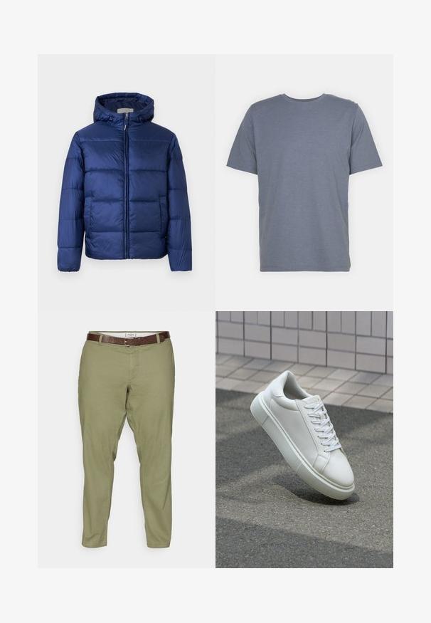 Marineblå puffjakke med hette, som har quiltede seksjoner, frontglidelås og elastiske mansjetter for varme og komfort.; Grå kortermet T-skjorte med rund hals, laget av myk bomullsblanding. Enkel design, ingen mønstre eller accenter.; Olivenfargede bomullsblandingsbukser med rett passform, som har frontlommer og et brunt lærbelte. Glatt tekstur og rent design.; Hvit lær sneaker med glatt overflate, rund tå og flate hvite snøringer. Har en teksturert gummisåle og minimale design elementer.