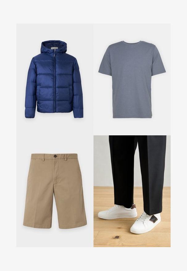 Giubbotto imbottito blu navy con cappuccio, caratterizzato da sezioni trapuntate, una zip frontale e polsini elasticizzati per calore e comfort.; T-shirt grigia a maniche corte con collo rotondo, realizzata in morbido tessuto misto cotone. Design semplice, senza motivi né dettagli.; Pantaloni corti beige in cotone, con taglio dritto, due tasche frontali e chiusura con bottone. Texture liscia con design minimalista.; Sneakers bianchi dalla texture liscia, con dettagli in pelle marrone e particolari neri, abbinati a pantaloni neri su misura. Sfondo in parquet.