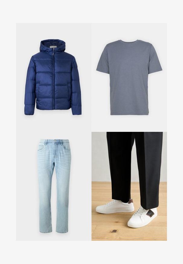 Casaco puffer azul-marinho com capuz, apresentando seções acolchoadas, um fecho dianteiro e punhos elásticos para calor e conforto.; T-shirt cinza de manga curta com gola redonda, feita de um tecido suave em mistura de algodão. Design simples, sem padrões ou detalhes.; Jeans de ganga azul claro com um design de perna reta, apresentando cinco bolsos, desbotamento subtil e um botão de metal na cintura.; Ténis brancos com textura suave, apresentando elementos em pele castanha e detalhes em preto, combinados com calças pretas ajustadas. Fundo de chão de madeira.
