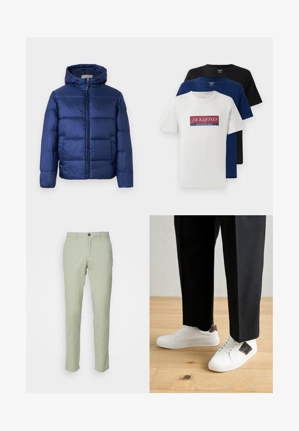 Dunkelblaues Steppjacke mit Kapuze, ausgestattet mit gesteppten Abschnitten, einem Reißverschluss vorne und elastischen Bündchen für Wärme und Komfort.; Drei übereinander gestapelte kurzärmelige Rundhals-T-Shirts in Weiß mit rotem und blauem Logo, Marineblau und Schwarz, auf weißem Hintergrund präsentiert.; Jack & Jones JPSTMARCO NOOS - Chino - desert sage; Weiße Sneakers mit glatter Textur, versehen mit braunen Lederakzenten und schwarzen Details, kombiniert mit schwarzen maßgeschneiderten Hosen. Hintergrund aus Holzboden.