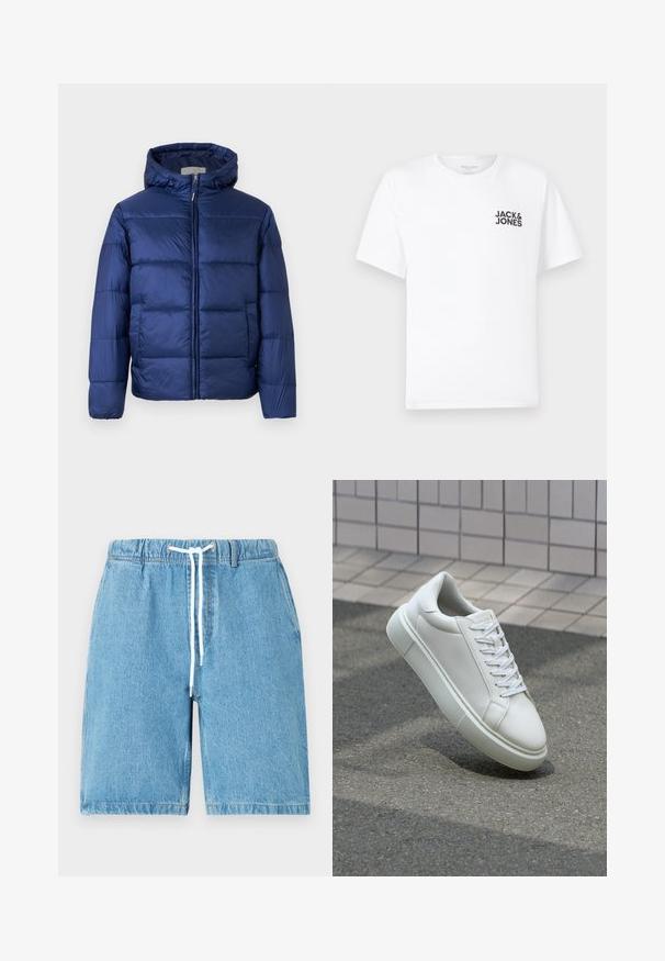 Mörkblå puffjacka med huva, med quiltade sektioner, en framdragkedja och elastiska mudd för värme och komfort.; Vit bomullströja, kort ärm, rund halsringning. Har en svart textlogotyp "JACK & JONES" på vänster bröstområde. Enkel, ren design.; Ljusblå denimshorts med elastisk midja, vit dragsko och avslappnad passform. Har en mjuk textur och fållade kanter.; Vit lädersneaker med en slät yta, rund tå och platta vita snören. Har en texturerad gummisula och minimalistiska designelement.