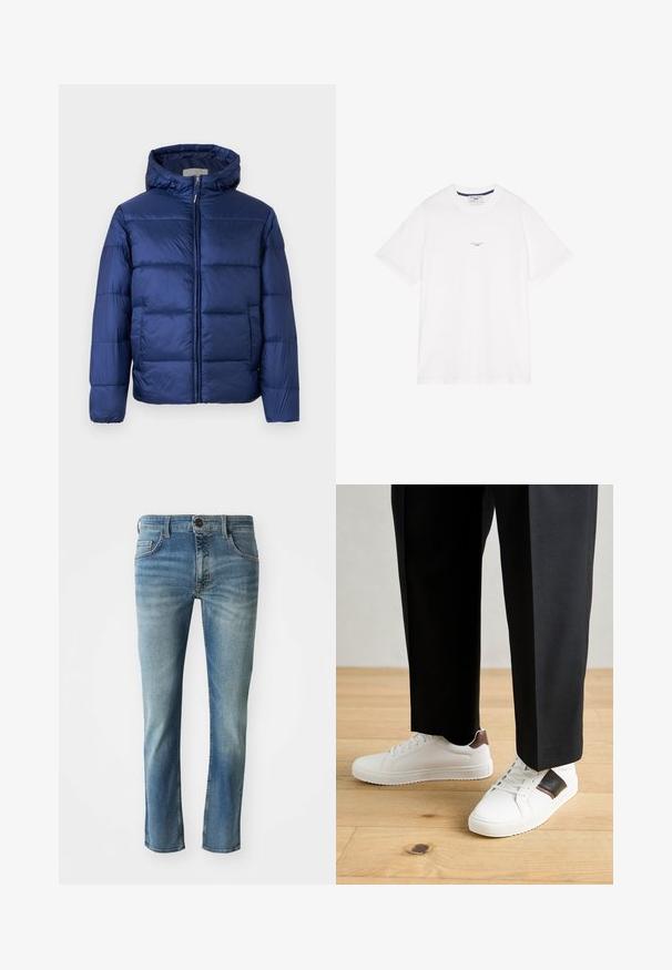 Dunkelblaues Steppjacke mit Kapuze, ausgestattet mit gesteppten Abschnitten, einem Reißverschluss vorne und elastischen Bündchen für Wärme und Komfort.; Weißes Baumwoll-T-Shirt mit kurzen Ärmeln, Rundhalsausschnitt und dezentem Text in der Mitte. Glatte Textur und entspannter Schnitt.; Hellblaue Jeans aus Denim mit geradem Schnitt, leicht ausgewaschenen Beinen, Fünf-Taschen-Design und einem Knopfverschluss an der Taille.; Weiße Sneakers mit glatter Textur, versehen mit braunen Lederakzenten und schwarzen Details, kombiniert mit schwarzen maßgeschneiderten Hosen. Hintergrund aus Holzboden.