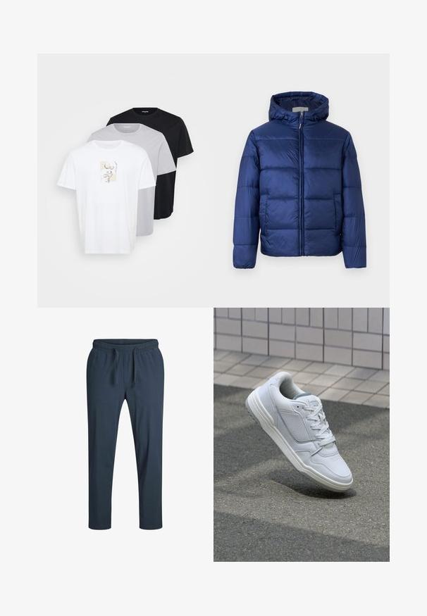 Tamsiai mėlynas pūkinis švarkas su kapišonu, turintis siuvinėtas dalis, priekinius zip užtrauktuką ir elastines rankoves šilumai ir komfortui.; Trijų trumpasleevių marškinėlių: balti, šviesiai pilki ir juodi. Baltuose marškinėliuose yra minimalistinis grafikos dizainas. Minkšta medvilnės medžiaga.; Jūrų laivyno sportinės kelnės, pagamintos iš švelnaus audinio, su elastingu juosmeniu, reguliuojamu raiščiu ir siaurėjančiomis kojomis su džinsų užtrauktukais.; Baltos odinės sportinės bateliai su perforuotais šonais, tekstūruotais akcentais, plokščiomis raištelėmis ir kontrastingu pilku kulnu. Yra šiek tiek pakelti padas.