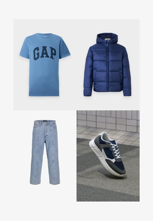 Tamsiai mėlynas pūkinis švarkas su kapišonu, turintis siuvinėtas dalis, priekinius zip užtrauktuką ir elastines rankoves šilumai ir komfortui.; Mėlynas trumpomis rankovėmis, apvaliu kaklu, marškinėliai su dideliu tamsiai mėlynu užrašu "GAP", atspausdintu ant krūtinės.; Šviesiai mėlynos džinsinės kelnės su laisvu siluetu, plačiomis kojomis ir matomomis siuvimo detalėmis. Turi mygtuką ir užtrauktuką, taip pat penkias kišenes.; Sportiniai bateliai su tamsiai mėlynu tinkliniu viršumi, pilkais zomšiniais akcentais, balta guma padanga ir plokščiomis baltomis raištelėmis, sukurti komfortui ir oro pralaidumui.