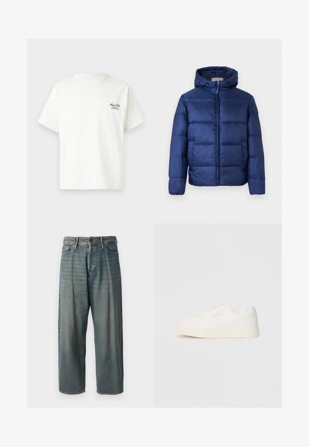 Marineblå puffjakke med hette, som har quiltede seksjoner, frontglidelås og elastiske mansjetter for varme og komfort.; Hvit bomulls t-skjorte med korte ermer, rund hals, og grønne tekstdetaljer på venstre side med merke- og sted-informasjon.; Lyseblå denimjeans med løs passform, midjehøyde og rette ben. Har fem lommer, beltehemper og knappelukking.; Hvite slip-on joggesko med teksturert overflate, tykk såle og minimalistisk design. Har merkevarelogo på siden.