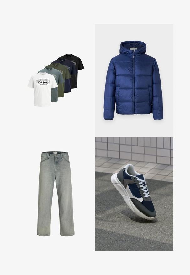 Tume sinine puhvis jope kapuutsiga, millel on tikkimisosa, eesnäpp ja elastsed mansetid sooja ja mugavuse tagamiseks.; Viis volditud lühikeste varrukatega ümmarguse kaelusega t-särki valges, sinises, rohelises, tumesinis ja mustas värvuses, mille esiküljel on trükitud tekst "JACK & JONES Coll. Studio".; Heledad hallhallid, laia lõikega denimist teksased. Omavad klassikalist viie tasku disaini, vööloopse ja sirget säärelõiget.; Sneaker, mille sinine võrkkangas, hallid nubukdetailid, valge kummitald ja lamedad valged paelad, disainitud mugavuseks ja hingavuseks.